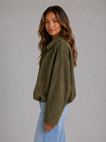 Saar - Dames Bomberjack Cropped Oversized met Kraag en Verlaagde Schouders
