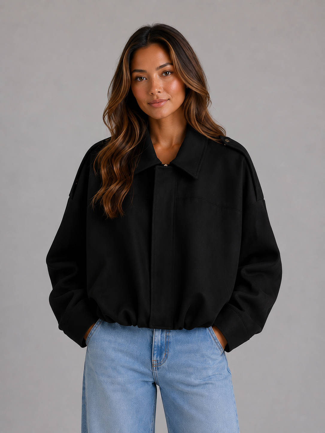 Saar - Dames Bomberjack Cropped Oversized met Kraag en Verlaagde Schouders