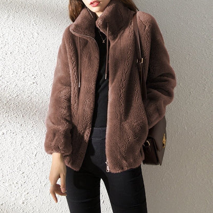 Saar - Dames Teddy Jas Warm Fleece Stijl met Opstaande Kraag en Rits