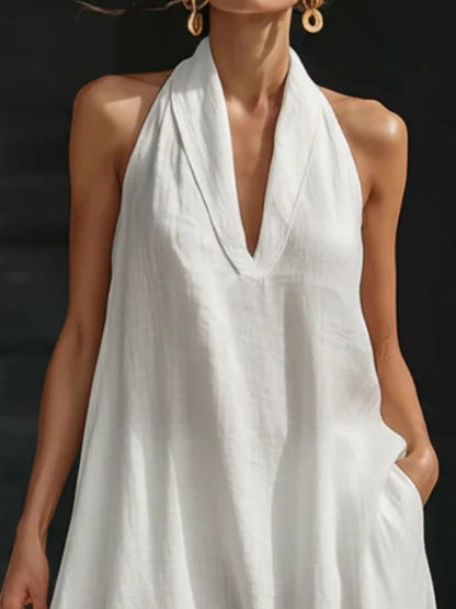 Saar - Elegante Linnen Maxi Jurk Dames met Diepe Halterhals en Zakken