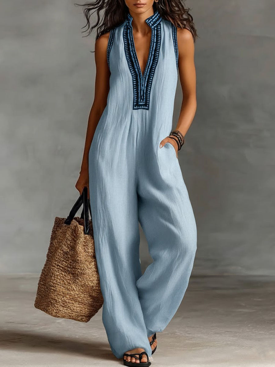 Saar - Moderne Linnen Jumpsuit Dames met Diepe V-hals en Geborduurde Rand