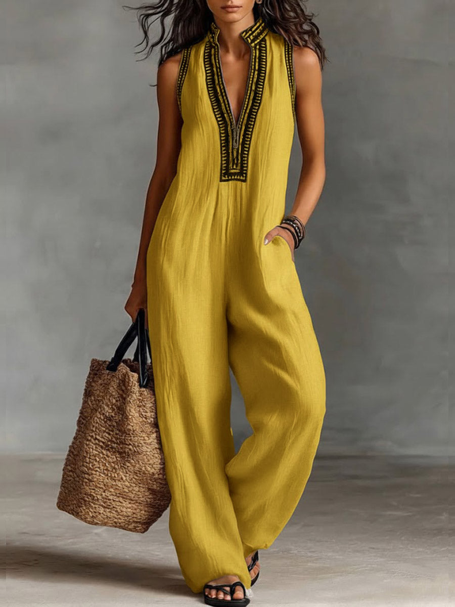 Saar - Moderne Linnen Jumpsuit Dames met Diepe V-hals en Geborduurde Rand