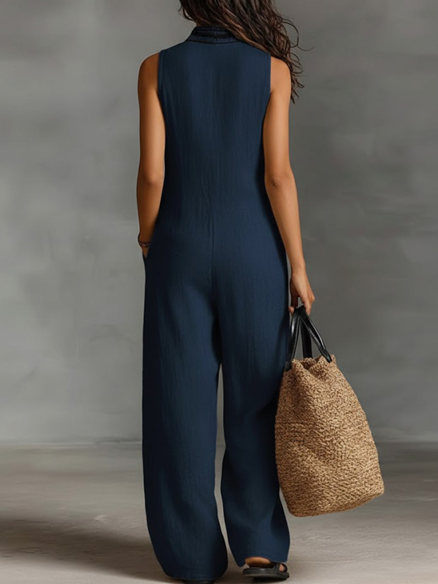 Saar - Moderne Linnen Jumpsuit Dames met Diepe V-hals en Geborduurde Rand