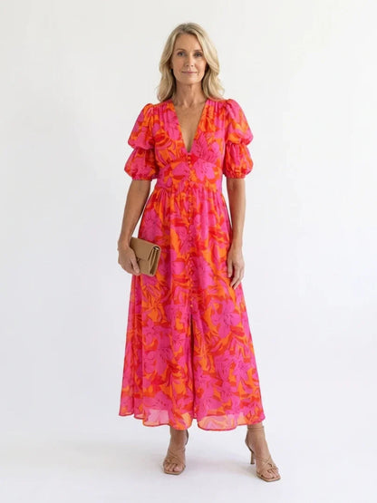 Saar - Vintage Zomerjurk Dames met V-hals en Pofmouwen