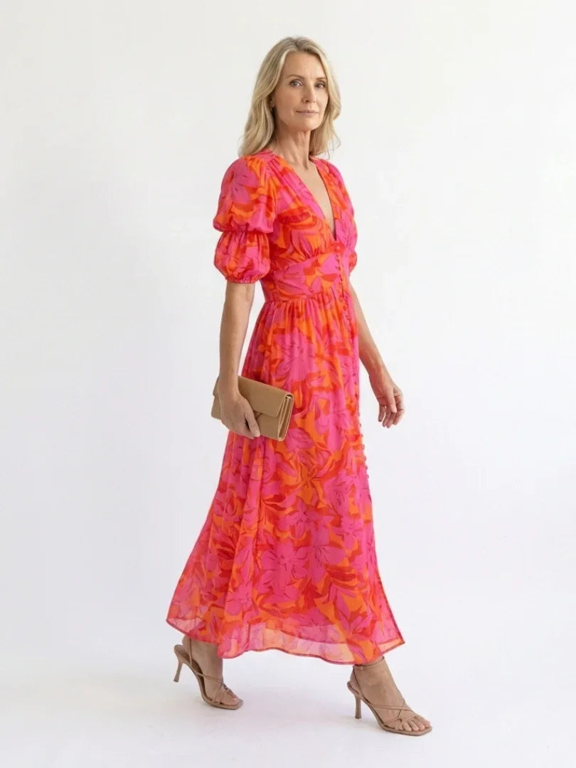Saar - Vintage Zomerjurk Dames met V-hals en Pofmouwen