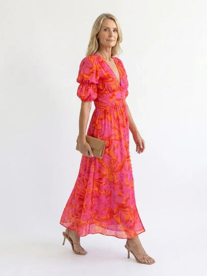 Saar - Vintage Zomerjurk Dames met V-hals en Pofmouwen