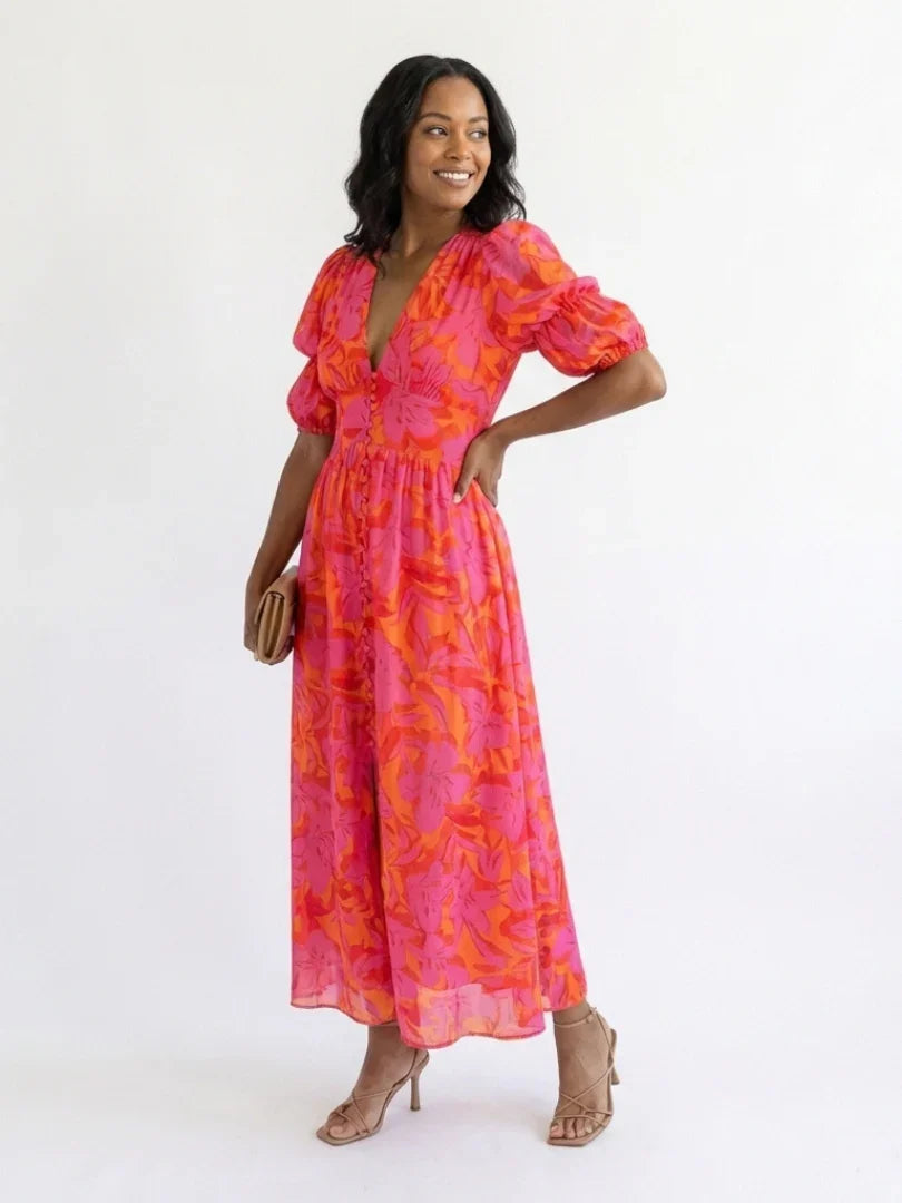 Saar - Vintage Zomerjurk Dames met V-hals en Pofmouwen