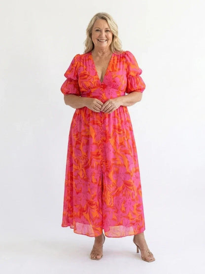Saar - Vintage Zomerjurk Dames met V-hals en Pofmouwen