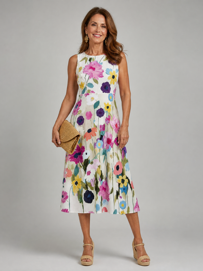 Saar - Vrolijke Zomerjurk Dames Midi met Kleurrijke Bloemenprint en Mouwloos