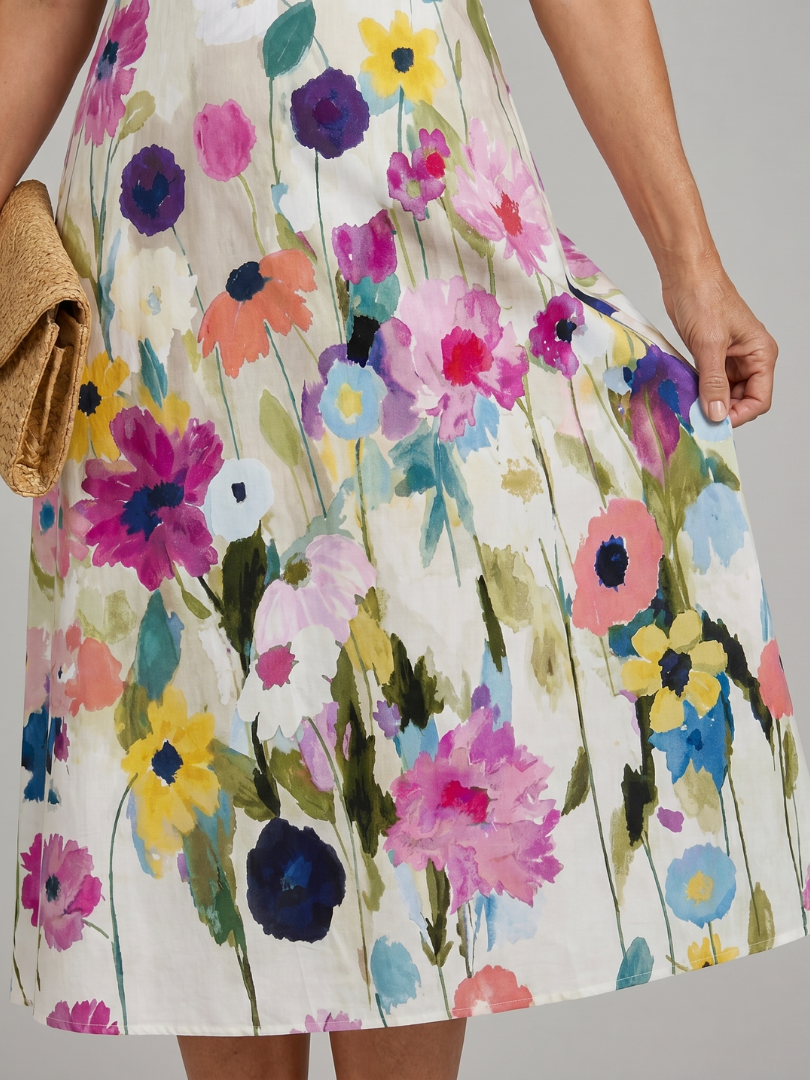 Saar - Vrolijke Zomerjurk Dames Midi met Kleurrijke Bloemenprint en Mouwloos