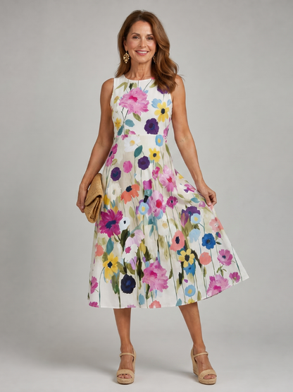 Saar - Vrolijke Zomerjurk Dames Midi met Kleurrijke Bloemenprint en Mouwloos