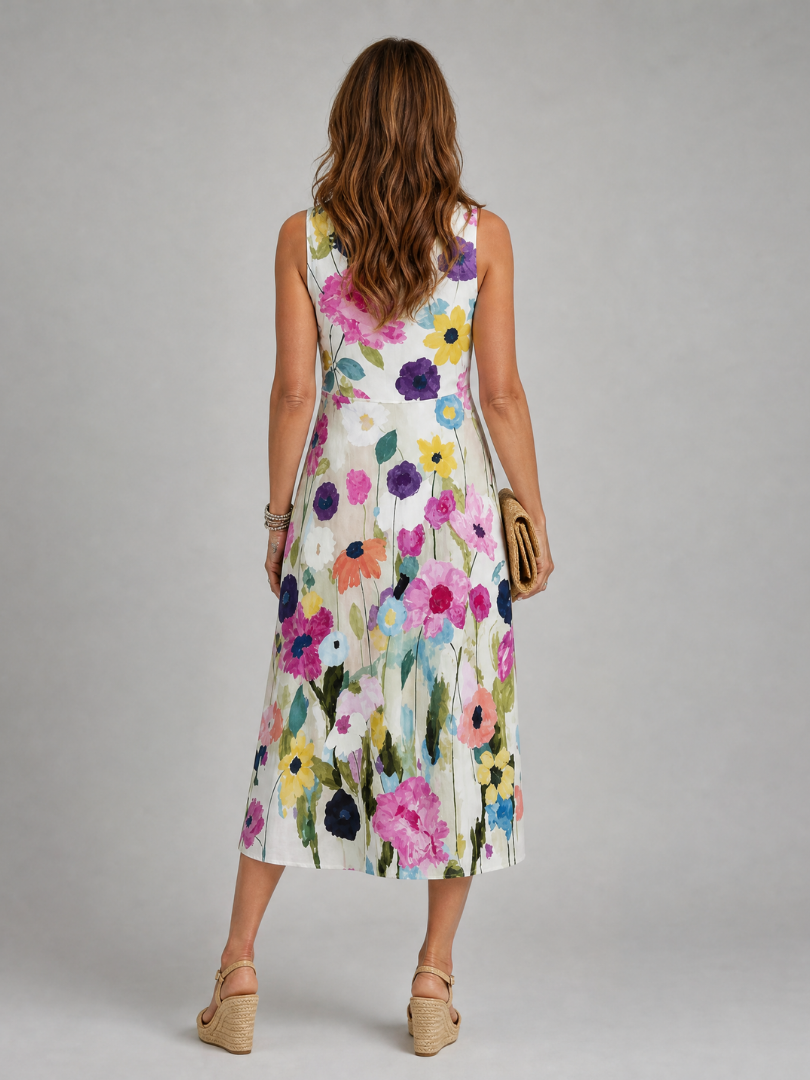 Saar - Vrolijke Zomerjurk Dames Midi met Kleurrijke Bloemenprint en Mouwloos