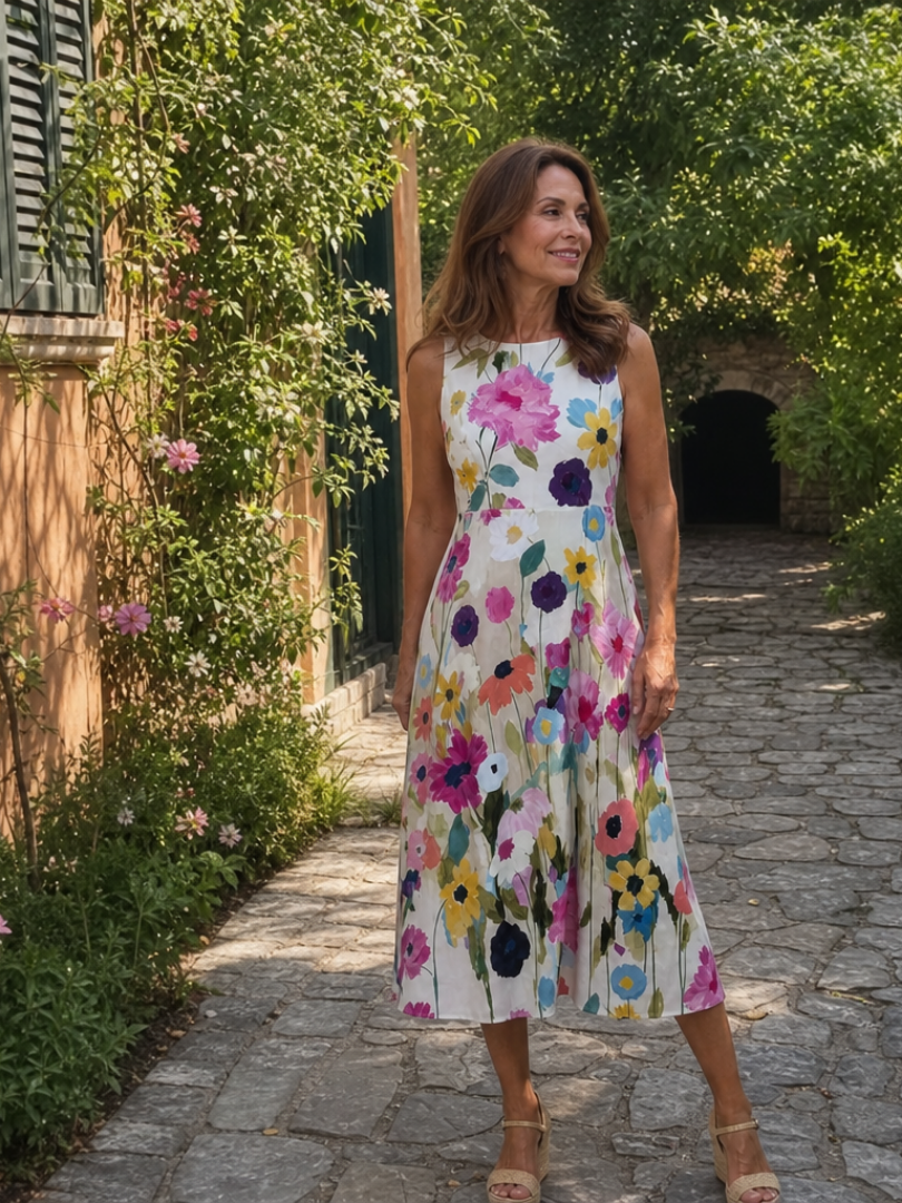 Saar - Vrolijke Zomerjurk Dames Midi met Kleurrijke Bloemenprint en Mouwloos