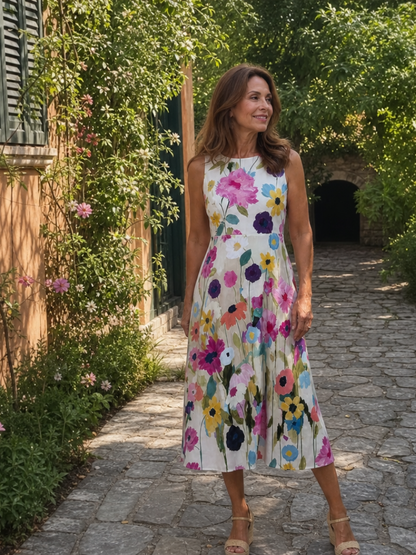 Saar - Vrolijke Zomerjurk Dames Midi met Kleurrijke Bloemenprint en Mouwloos