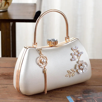 Avondtasje Dames - Handtas met Bloemen Parels en Gouden Frame | Feest