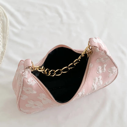 Schoudertas Dames - Halfmaan Tas met Parelketting en Bloemen | Chique