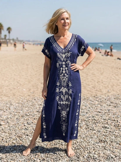 Sanne - Bohemien Plus Size Zomerjurk Dames met Borduursel en V-hals