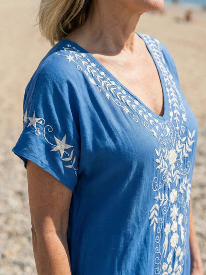 Sanne - Bohemien Plus Size Zomerjurk Dames met Borduursel en V-hals