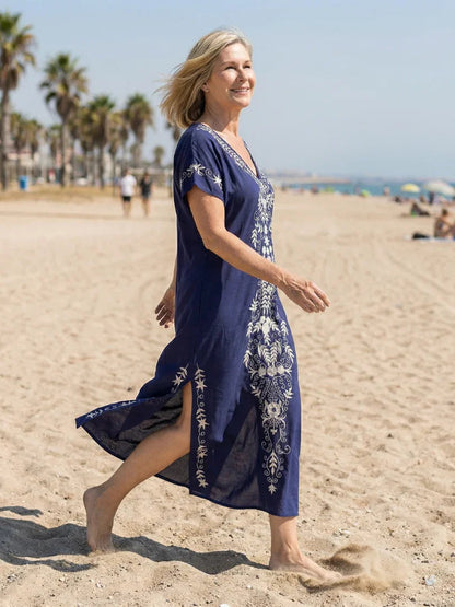 Sanne - Bohemien Plus Size Zomerjurk Dames met Borduursel en V-hals
