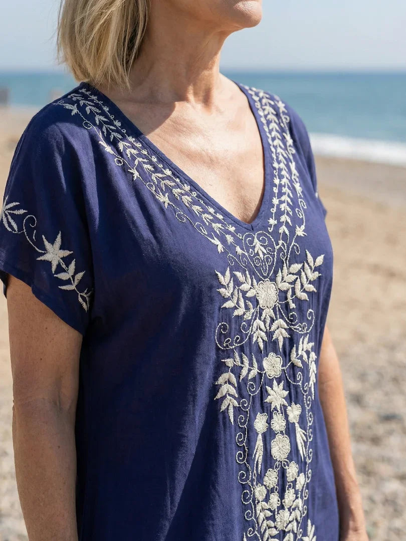 Sanne - Bohemien Plus Size Zomerjurk Dames met Borduursel en V-hals