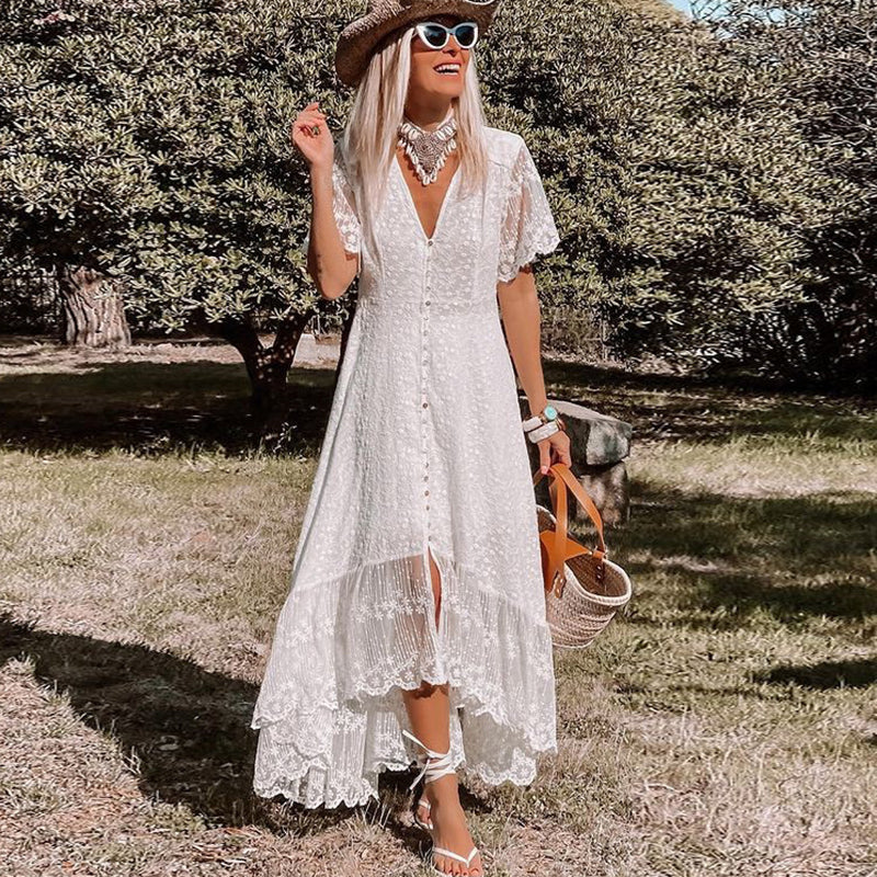 Sanne - Boho Bruiloft Gastenjurk Dames met Kanten Ruffle Details en Diepe V-hals