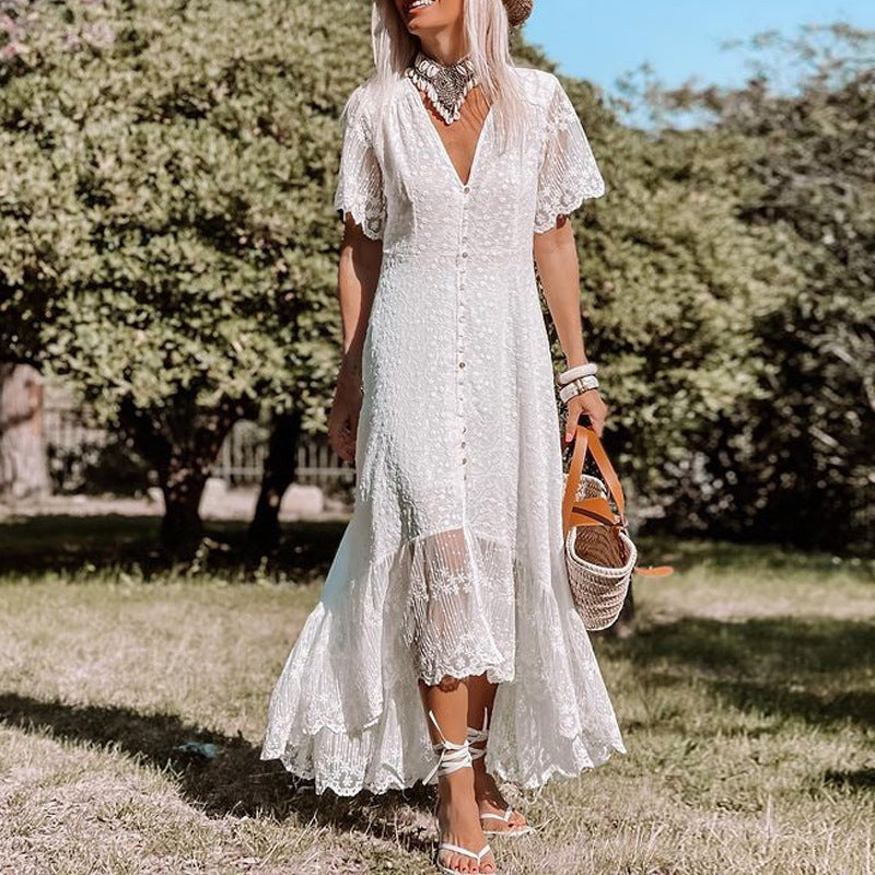 Sanne - Boho Bruiloft Gastenjurk Dames met Kanten Ruffle Details en Diepe V-hals