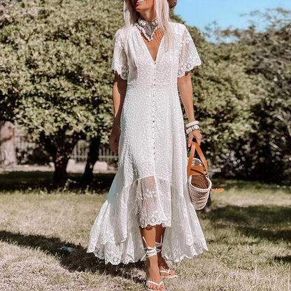 Sanne - Boho Bruiloft Gastenjurk Dames met Kanten Ruffle Details en Diepe V-hals