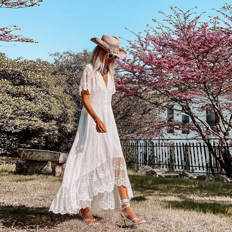 Sanne - Boho Bruiloft Gastenjurk Dames met Kanten Ruffle Details en Diepe V-hals