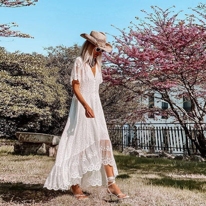 Sanne - Boho Bruiloft Gastenjurk Dames met Kanten Ruffle Details en Diepe V-hals