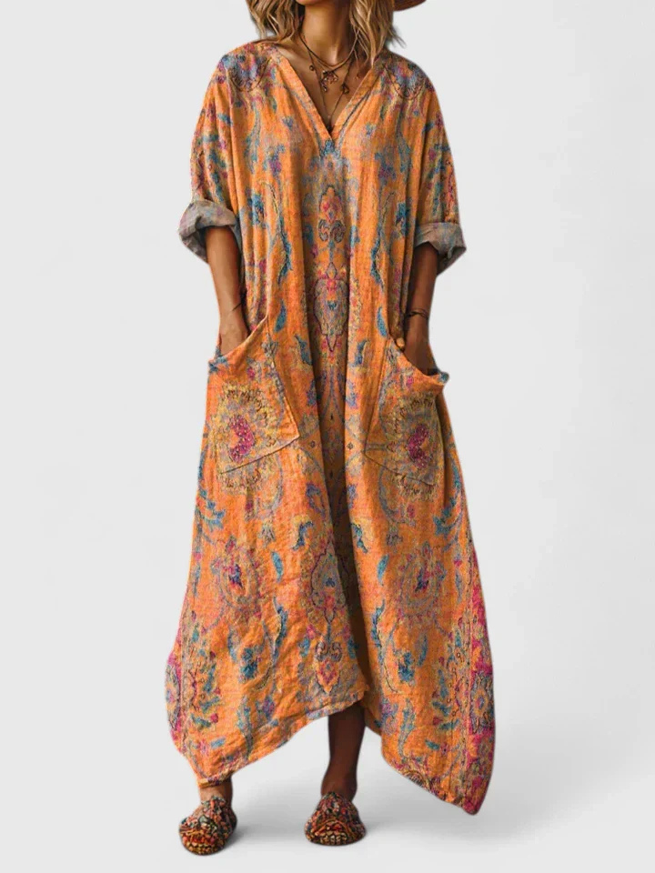 Sanne - Boho Linnen Maxi Jurk Dames met V-hals en Zakken