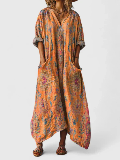 Sanne - Boho Linnen Maxi Jurk Dames met V-hals en Zakken