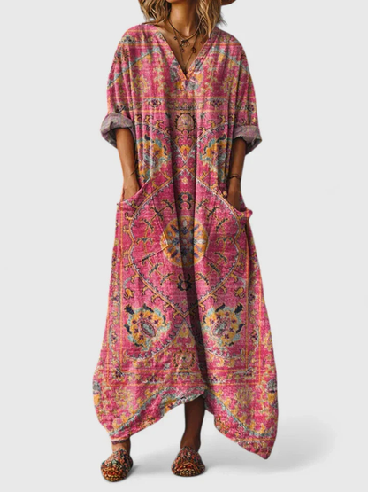 Sanne - Boho Linnen Maxi Jurk Dames met V-hals en Zakken