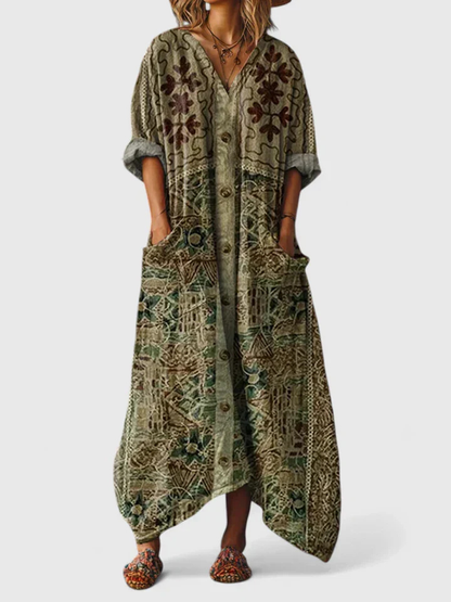Sanne - Boho Linnen Maxi Jurk Dames met V-hals en Zakken