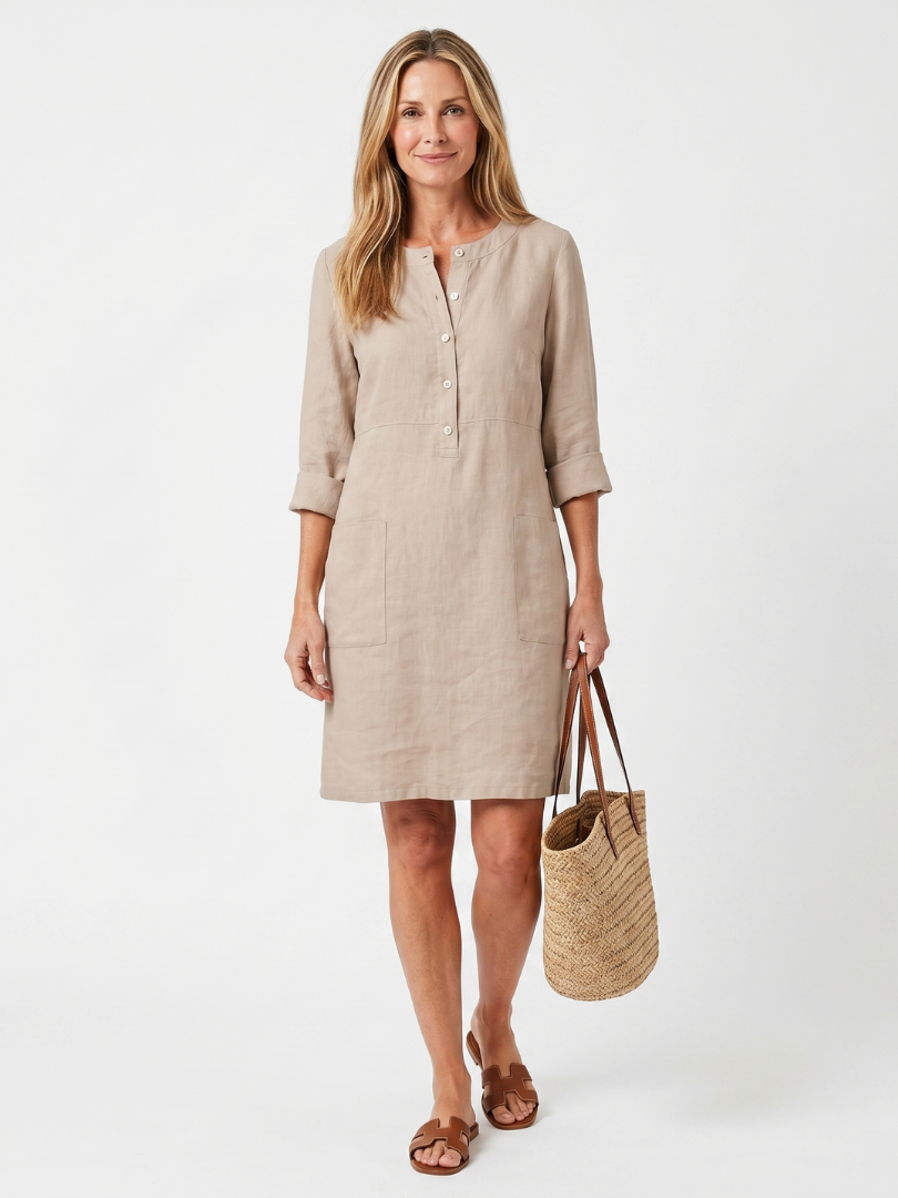 Sanne - Casual Linnen Jurk Dames met Knoopsluiting en Zakken