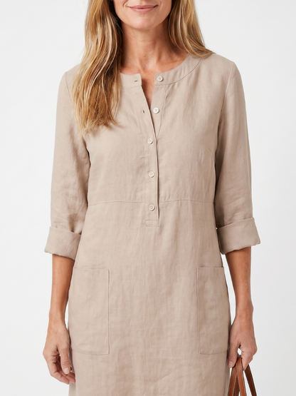 Sanne - Casual Linnen Jurk Dames met Knoopsluiting en Zakken