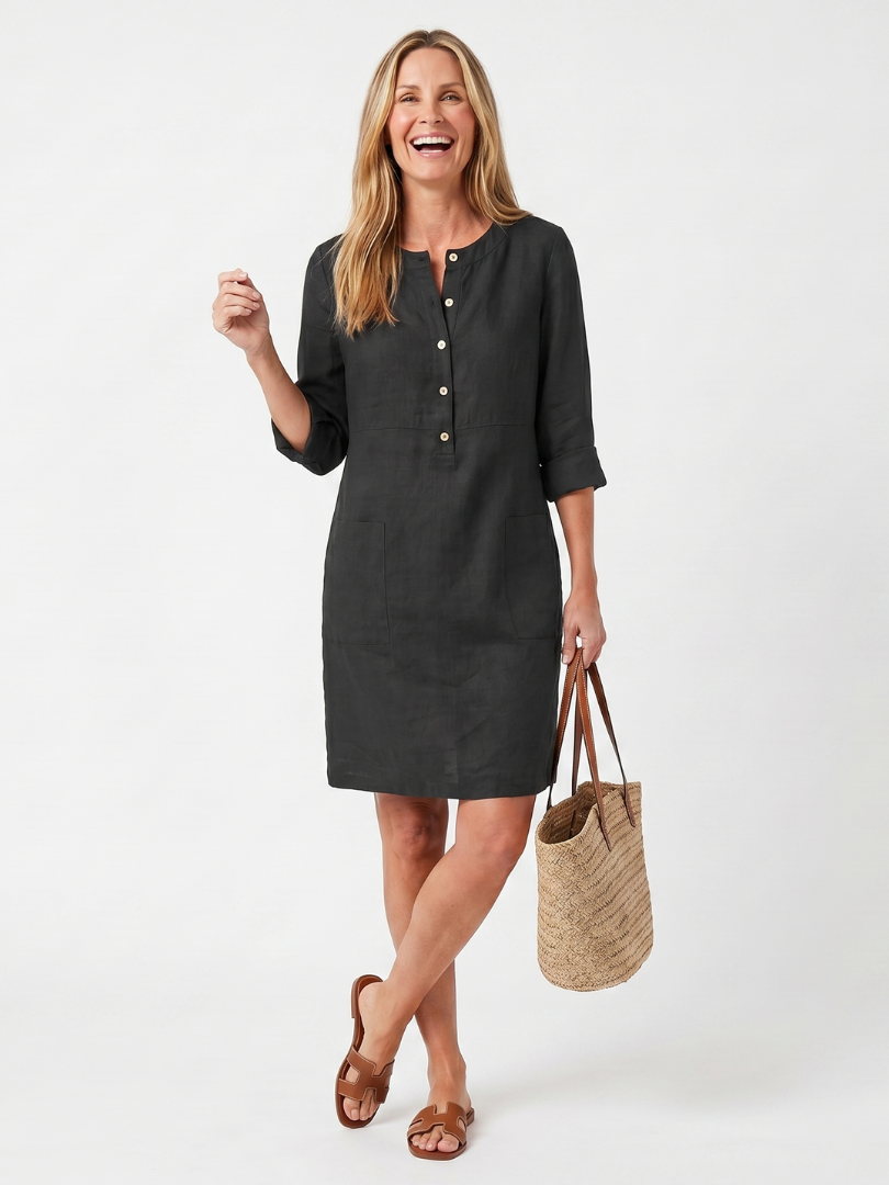 Sanne - Casual Linnen Jurk Dames met Knoopsluiting en Zakken