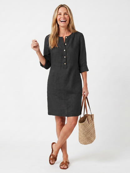 Sanne - Casual Linnen Jurk Dames met Knoopsluiting en Zakken