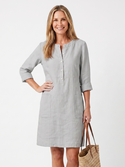 Sanne - Casual Linnen Jurk Dames met Knoopsluiting en Zakken