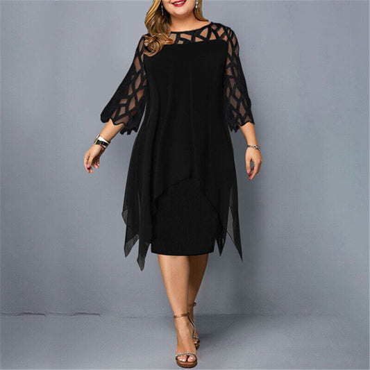 Sanne - Chique Grote Maten Jurk Bruiloft Gast Dames met Mesh Mouwen en Asymmetrische Zoom