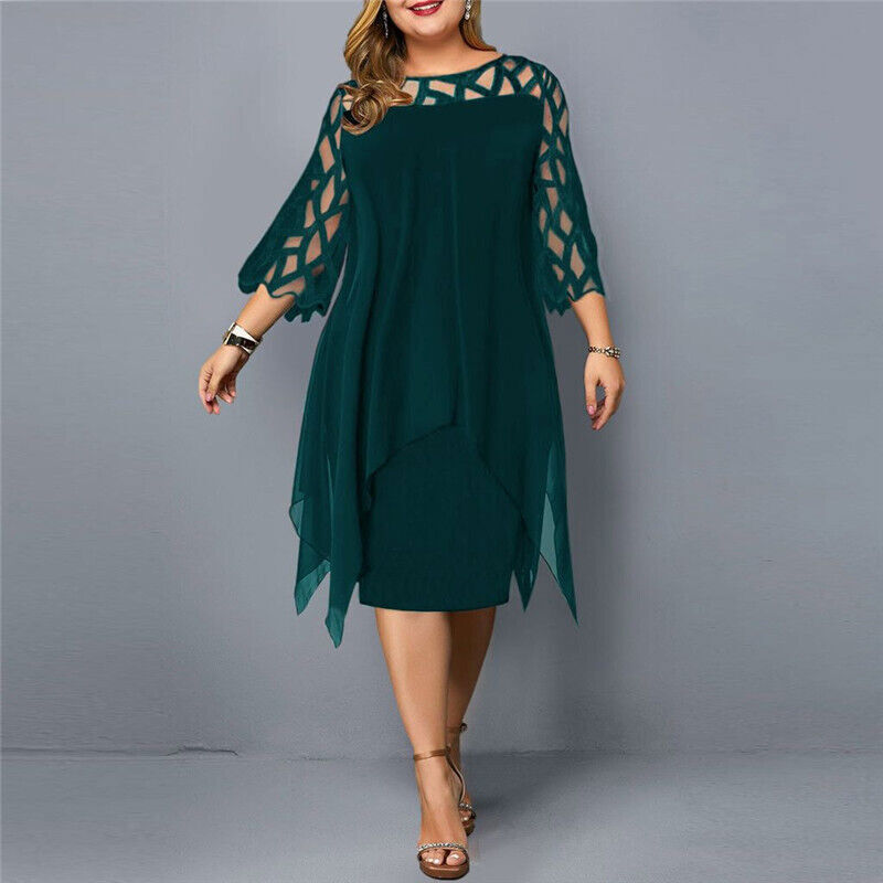 Sanne - Chique Grote Maten Jurk Bruiloft Gast Dames met Mesh Mouwen en Asymmetrische Zoom