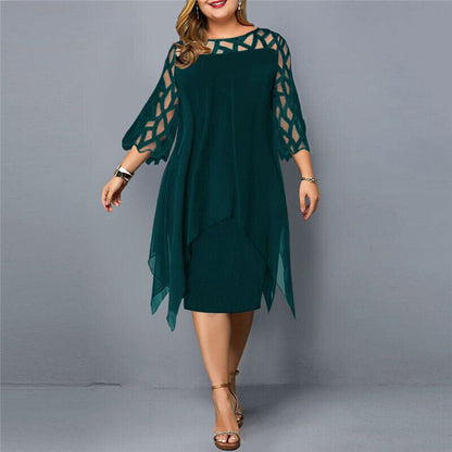 Sanne - Chique Grote Maten Jurk Bruiloft Gast Dames met Mesh Mouwen en Asymmetrische Zoom