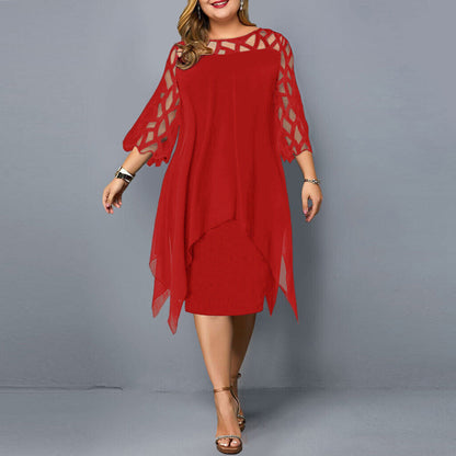 Sanne - Chique Grote Maten Jurk Bruiloft Gast Dames met Mesh Mouwen en Asymmetrische Zoom