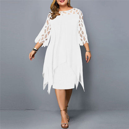 Sanne - Chique Grote Maten Jurk Bruiloft Gast Dames met Mesh Mouwen en Asymmetrische Zoom