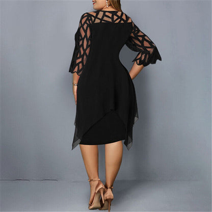 Sanne - Chique Grote Maten Jurk Bruiloft Gast Dames met Mesh Mouwen en Asymmetrische Zoom
