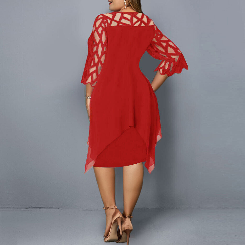 Sanne - Chique Grote Maten Jurk Bruiloft Gast Dames met Mesh Mouwen en Asymmetrische Zoom