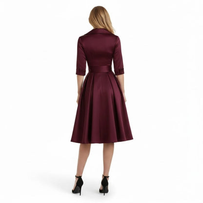 Sanne - Dames Cocktailjurk met Lange Mouwen en V-hals en Uitlopende Rok