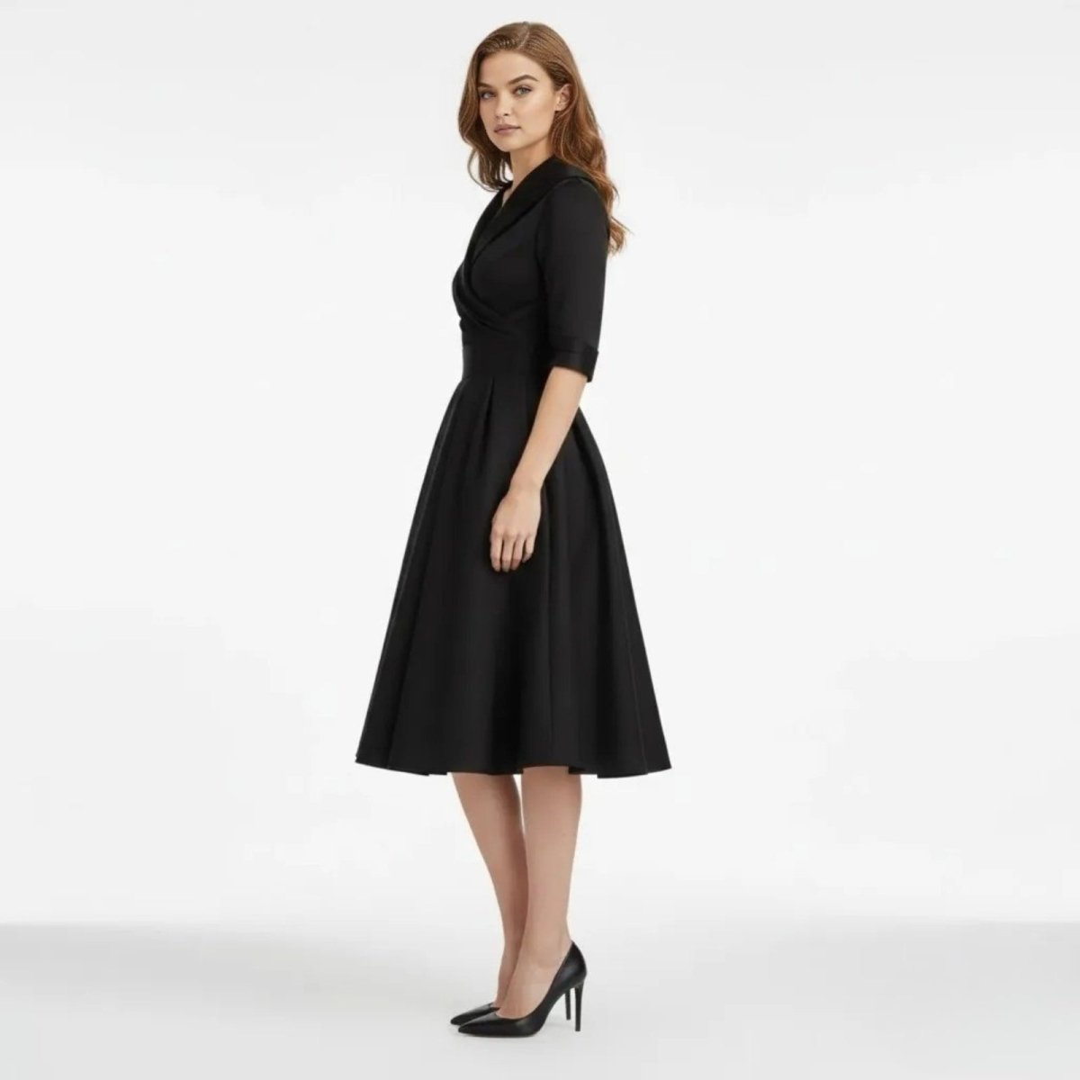 Sanne - Dames Cocktailjurk met Lange Mouwen en V-hals en Uitlopende Rok