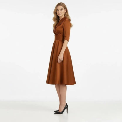 Sanne - Dames Cocktailjurk met Lange Mouwen en V-hals en Uitlopende Rok