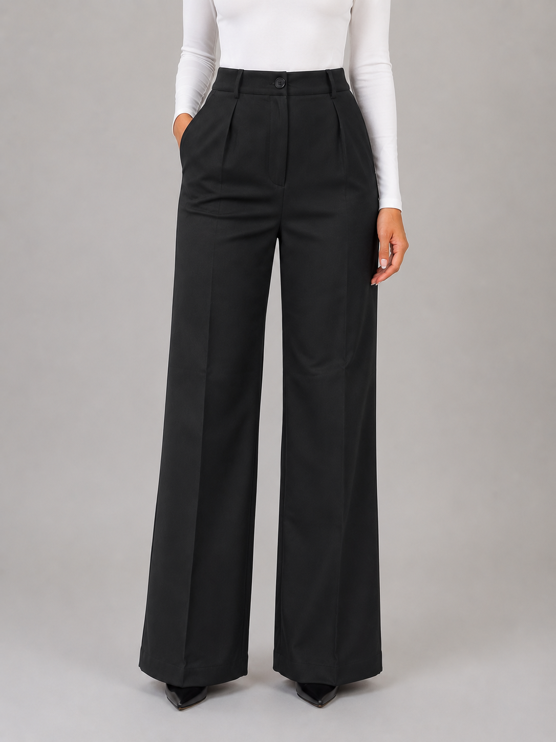 Sanne - Dames Pantalon High Waist Wijde Pijpen met Plooien en Zakken