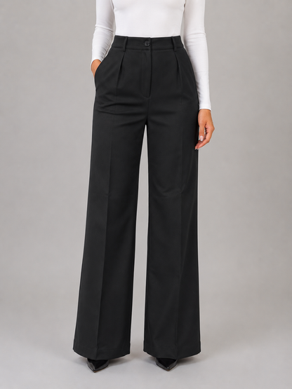 Sanne - Dames Pantalon High Waist Wijde Pijpen met Plooien en Zakken